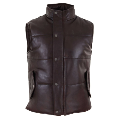 Mens Real Leather Waistcoat Gilet Quilted Puffer Design Warm Zip Casual Brown