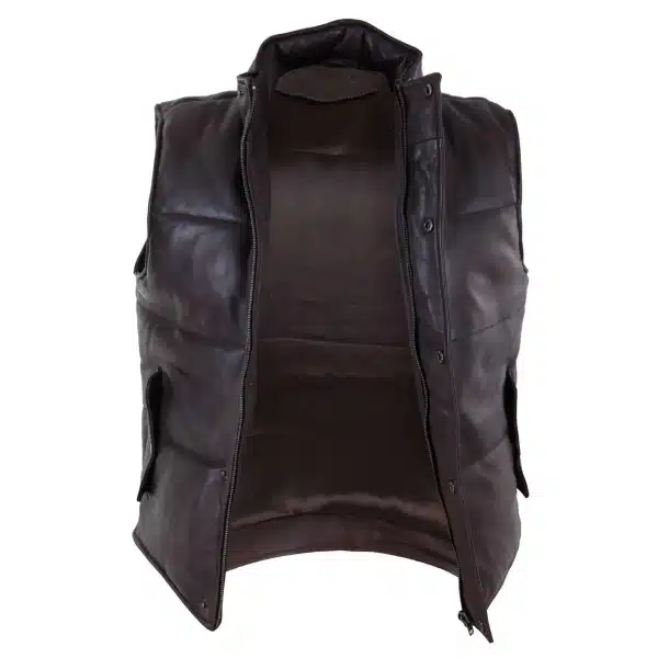 Mens Real Leather Waistcoat Gilet Quilted Puffer Design Warm Zip Casual Brown