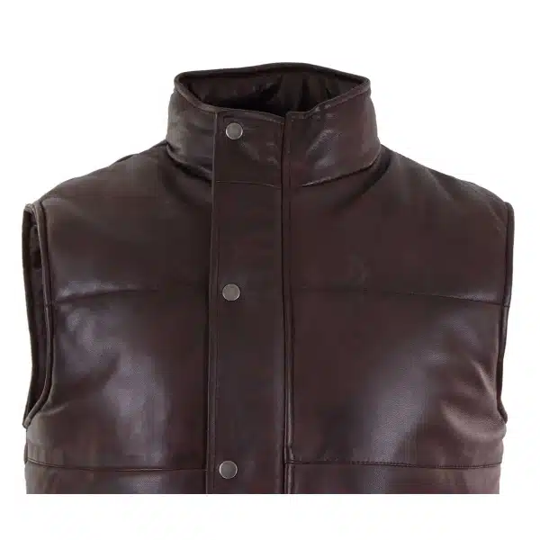 Mens Real Leather Waistcoat Gilet Quilted Puffer Design Warm Zip Casual Brown