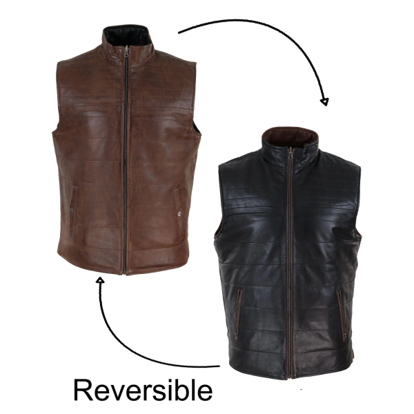 Mens Black & Brown Reversible Leather Gilet