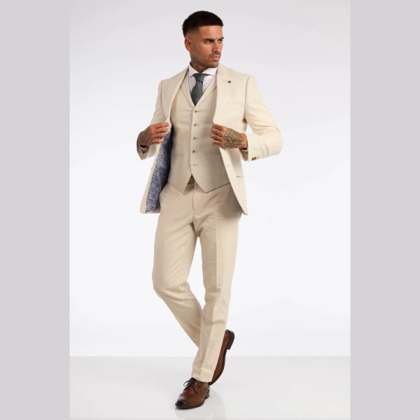 Mens 3 Piece Linen Suit Summer Breathable Wedding Cotton Cream Beige