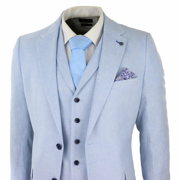 Mens 3 Piece Linen Suit Summer Breathable Wedding Cotton Baby Blue Light