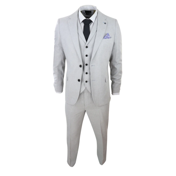 Mens 3 Piece Linen Suit Summer Breathable Wedding Cotton Light Grey