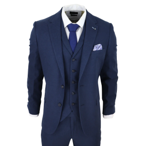 Mens 3 Piece Linen Suit Summer Breathable Wedding Cotton Navy Blue