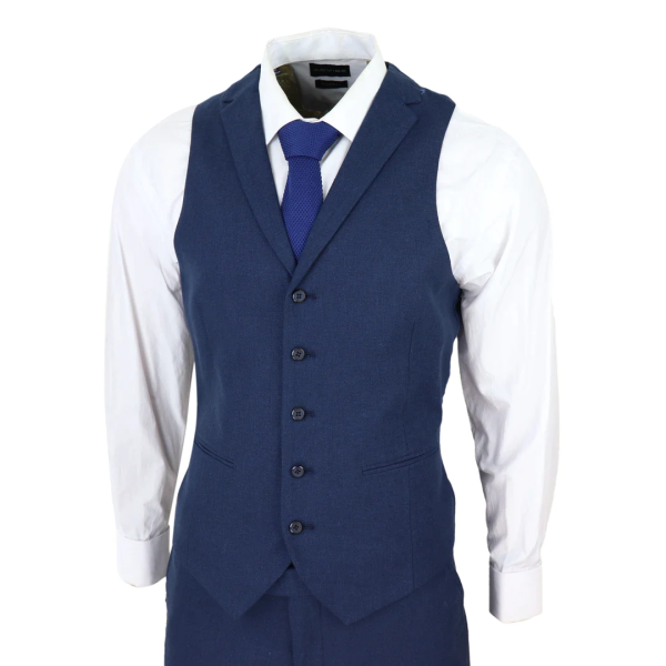 Mens 3 Piece Linen Suit Summer Breathable Wedding Cotton Navy Blue