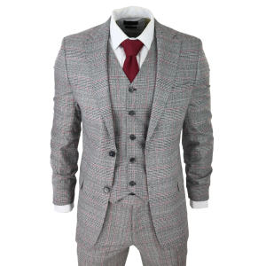 Mens 3 Piece Grey Suit Black Red Check Tailored Fit Wedding Prom Races