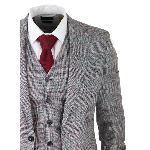 Mens 3 Piece Grey Suit Black Red Check Tailored Fit Wedding Prom Races