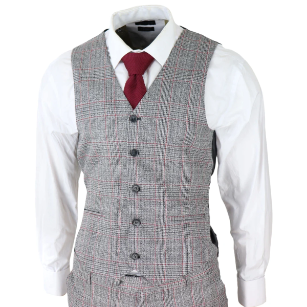 Mens 3 Piece Grey Suit Black Red Check Tailored Fit Wedding Prom Races