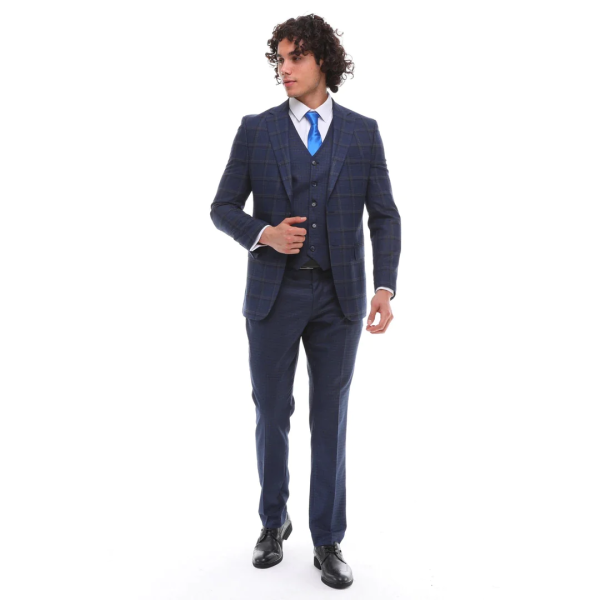 Mens 3 Piece Suit Navy Check Contrasting Waistcoat Trousers Tailored Fit Wedding