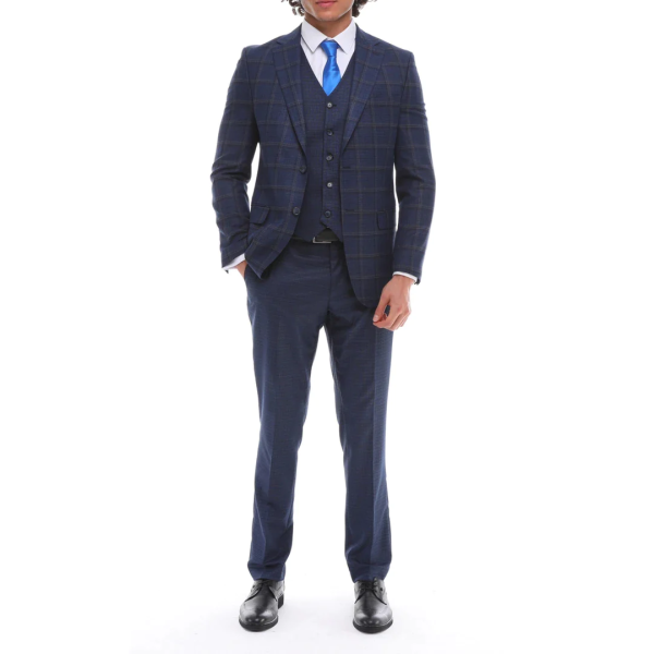 Mens 3 Piece Suit Navy Check Contrasting Waistcoat Trousers Tailored Fit Wedding