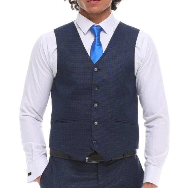 Mens 3 Piece Suit Navy Check Contrasting Waistcoat Trousers Tailored Fit Wedding