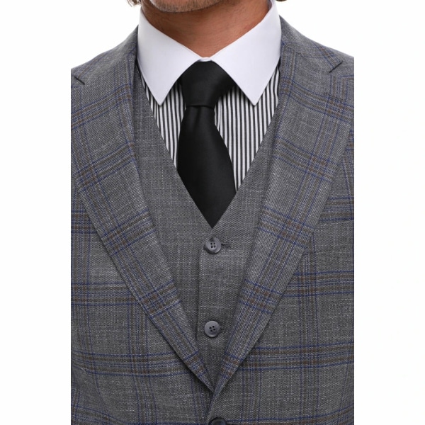 Mens 3 Piece Suit Grey Blue Check Contrasting Waistcoat Trouser Wedding Prom