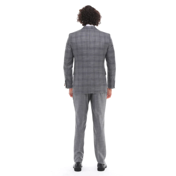 Mens 3 Piece Suit Grey Blue Check Contrasting Waistcoat Trouser Wedding Prom