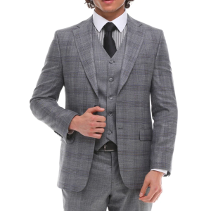 Mens 3 Piece Suit Grey Blue Check Contrasting Waistcoat Trouser Wedding Prom