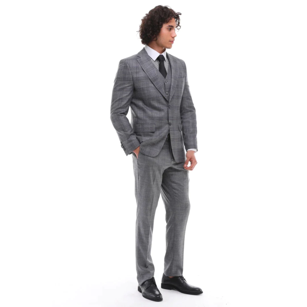 Mens 3 Piece Suit Grey Blue Check Contrasting Waistcoat Trouser Wedding Prom