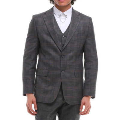 Mens 3 Piece Suit Grey Brown Check Tailored Fit Wedding Prom Races