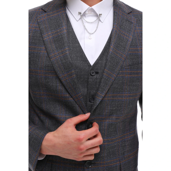 Mens 3 Piece Suit Grey Brown Check Tailored Fit Wedding Prom Races