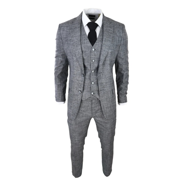 Mens 3 Piece Suit Grey Black Textured Tailored Fit Wedding Prom Party Smart Formal