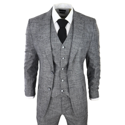 Mens 3 Piece Suit Grey Black Textured Tailored Fit Wedding Prom Party Smart Formal