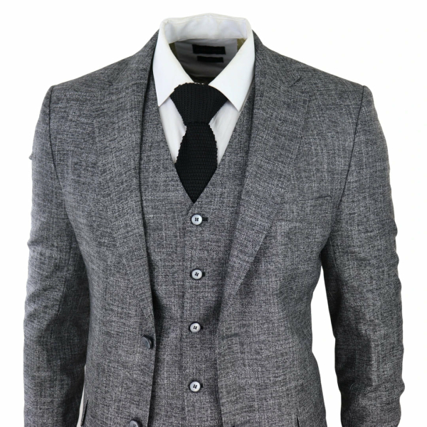 Mens 3 Piece Suit Grey Black Textured Tailored Fit Wedding Prom Party Smart Formal