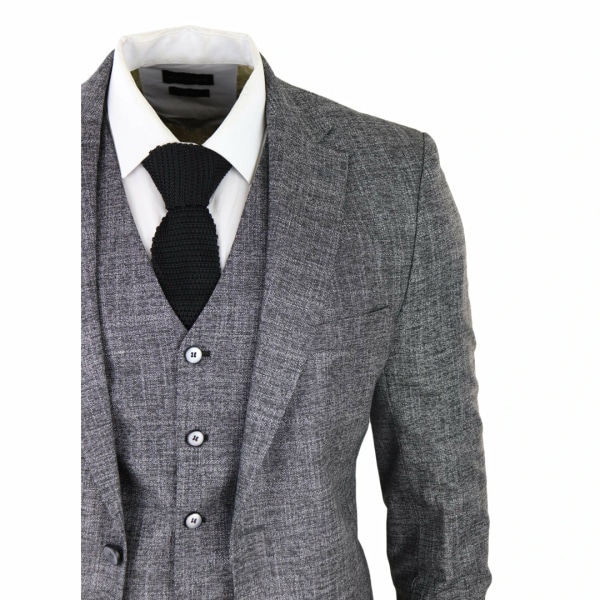 Mens 3 Piece Suit Grey Black Textured Tailored Fit Wedding Prom Party Smart Formal