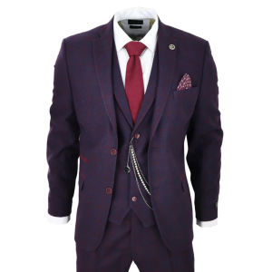 Men's 3 Piece Suit Wool Tweed Plum Wine Check 1920s Gatsby