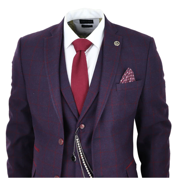 Men's 3 Piece Suit Wool Tweed Plum Wine Check 1920s Gatsby