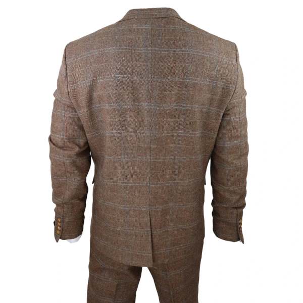 Men's 3 Piece Suit Wool Tweed Herringbone Tan Brown Blue Check 1920s Gatsby