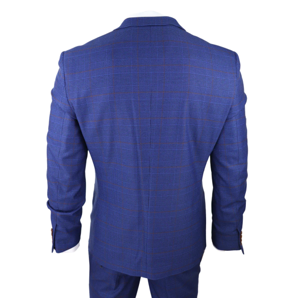 Mens Blue Brown Check 3 Piece Suit Tailored Fit Wedding Prom Races Prince Of Wales