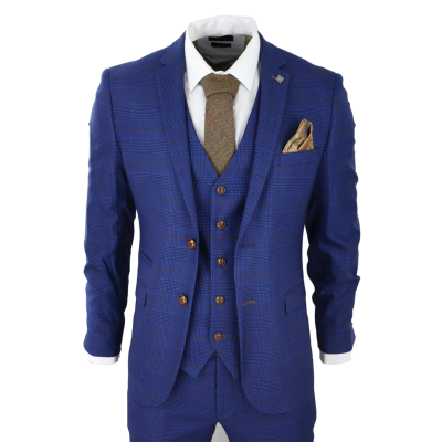 Mens Blue Brown Check 3 Piece Suit Tailored Fit Wedding Prom Races Prince Of Wales