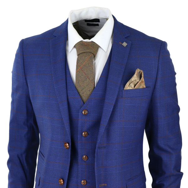 Mens Blue Brown Check 3 Piece Suit Tailored Fit Wedding Prom Races Prince Of Wales