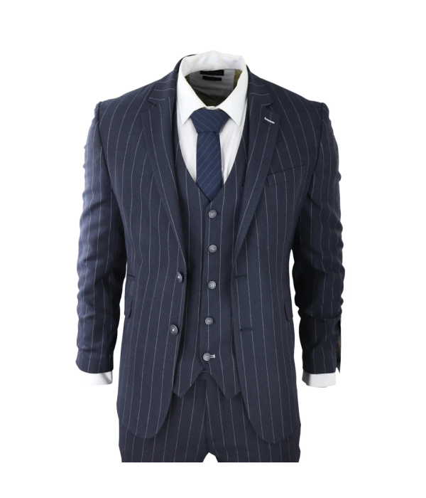 Mens 3 Piece Suit Pin Stripe Navy Classic Vintage Retro 1920s Tailored Fit Wedding test675