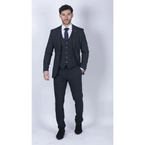 Mens 3 Piece Suit Pin Stripe Navy Classic Vintage Retro 1920s Tailored Fit Wedding test675