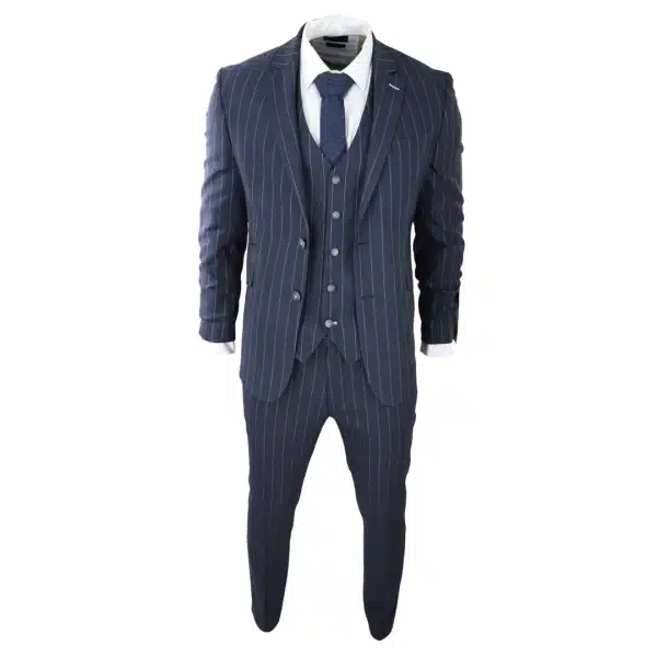 Mens 3 Piece Suit Pin Stripe Navy Classic Vintage Retro 1920s Tailored Fit Wedding test675