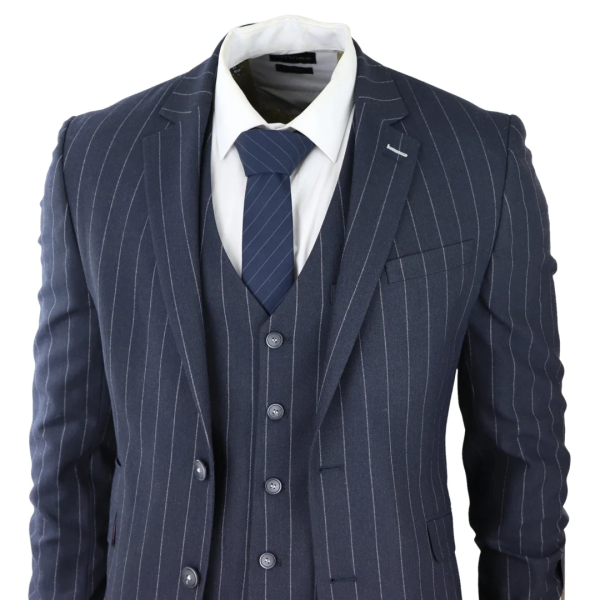 Mens 3 Piece Suit Pin Stripe Navy Classic Vintage Retro 1920s Tailored Fit Wedding test675