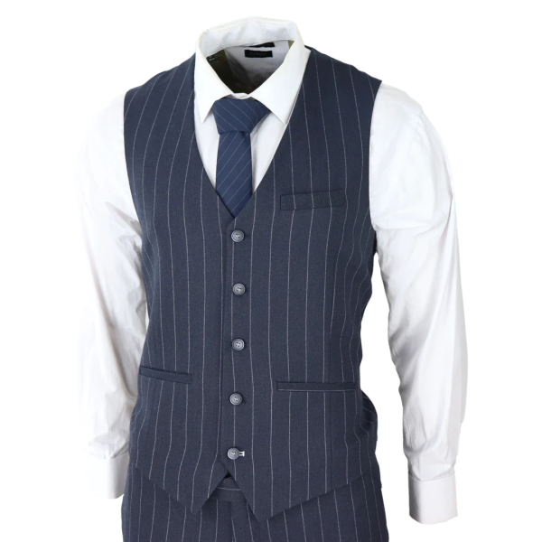 Mens 3 Piece Suit Pin Stripe Navy Classic Vintage Retro 1920s Tailored Fit Wedding test675