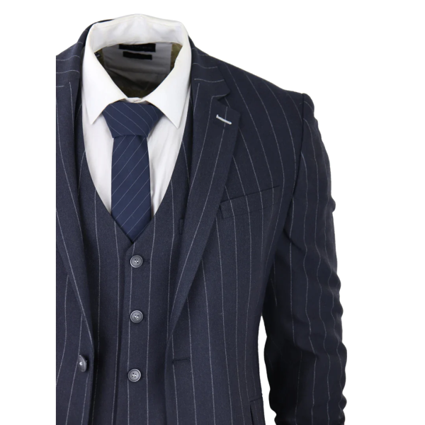 Mens 3 Piece Suit Pin Stripe Navy Classic Vintage Retro 1920s Tailored Fit Wedding test675