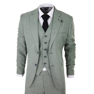 Mens 3 Piece Suit Sage Green Summer Linen Tailored Fit Wedding Prom Classic