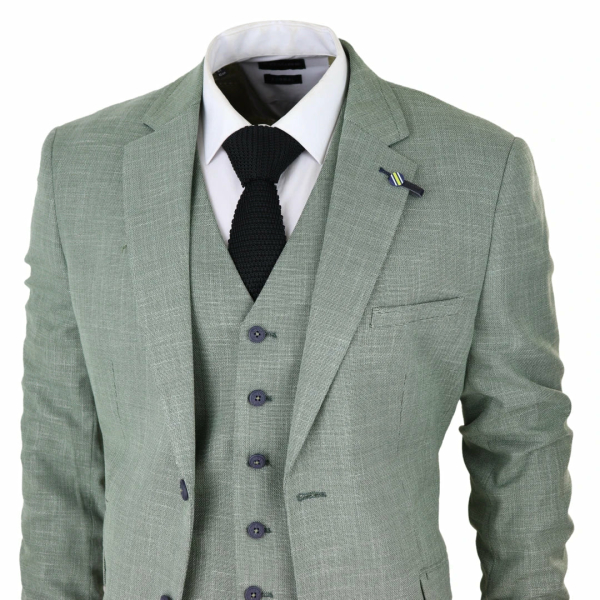 Mens 3 Piece Suit Sage Green Summer Linen Tailored Fit Wedding Prom Classic