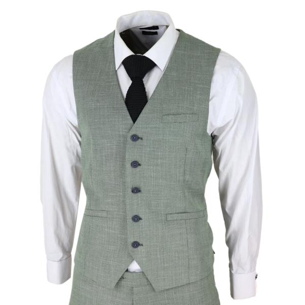 Mens 3 Piece Suit Sage Green Summer Linen Tailored Fit Wedding Prom Classic