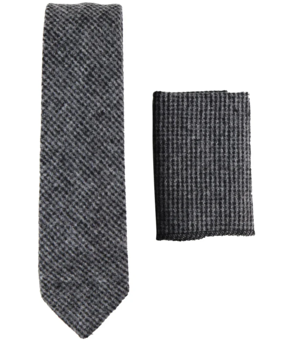 281 - Men's Grey Herringbone Tweed Wool Tie & Handkerchief 2"