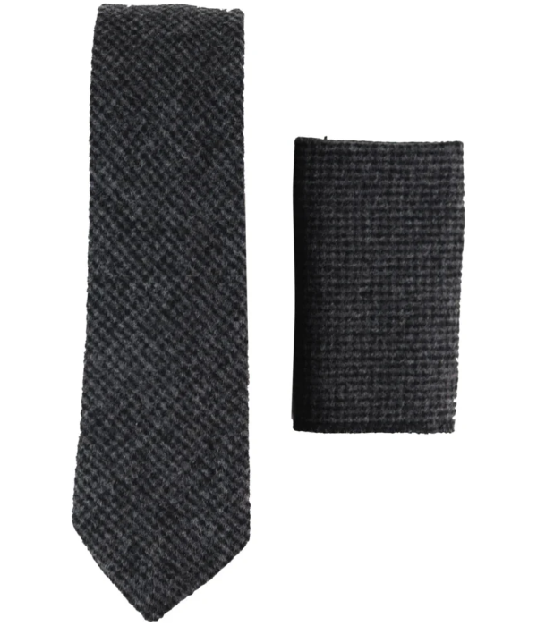 281 - Men's Charcoal Herringbone Tweed Wool Tie & Handkerchief 2"