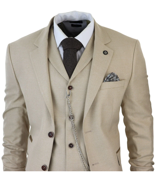 AK-08 Men's 3-Piece Cream Prince Of Wales Check Suit