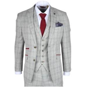 Andrew Men’s 3-Piece Grey Checked Slim Fit Suit with Red Accents