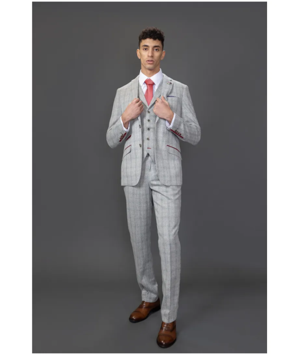 Andrew Men's 3-Piece Grey Checked Slim Fit Suit with Red Accents