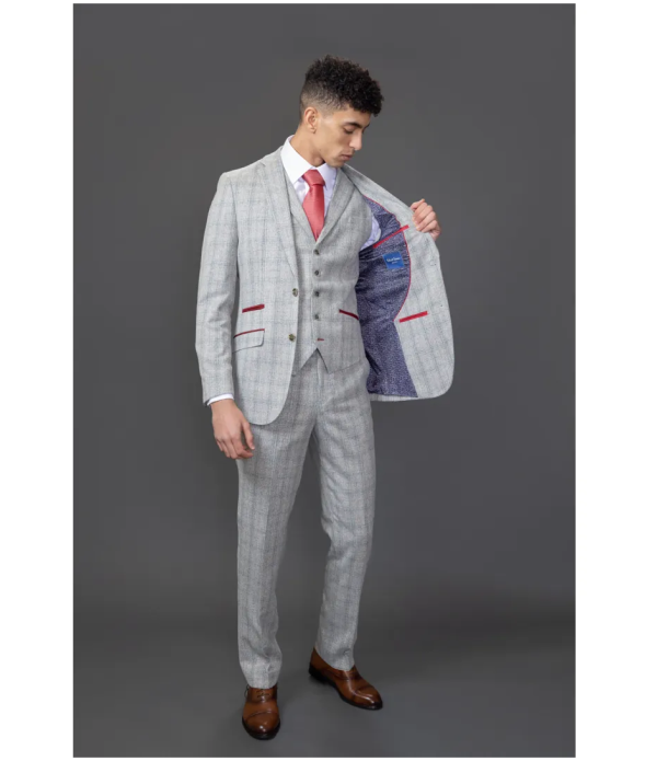 Andrew Men's 3-Piece Grey Checked Slim Fit Suit with Red Accents