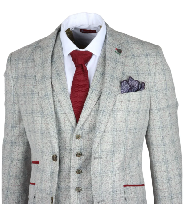 Andrew Men's 3-Piece Grey Checked Slim Fit Suit with Red Accents