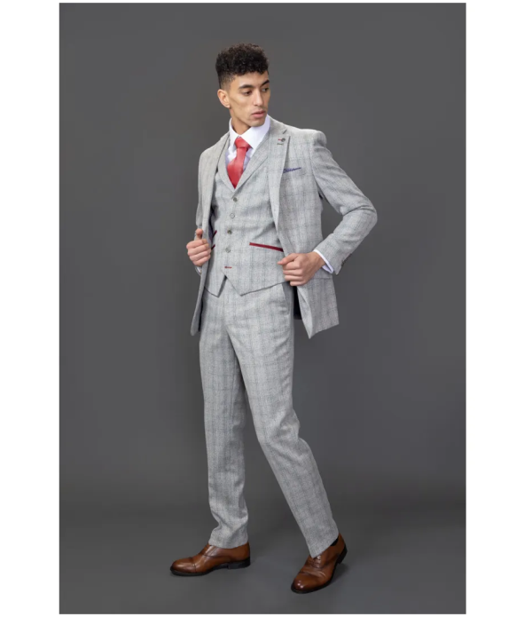 Andrew Men's 3-Piece Grey Checked Slim Fit Suit with Red Accents