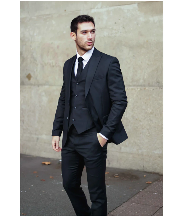 IM1 Men's Classic Black Plain Tailored Fit 3-Piece Suit