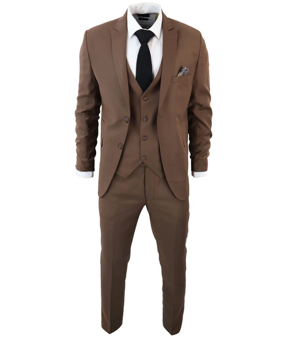 IM1 Men's Classic Brown Plain Tailored Fit 3-Piece Suit